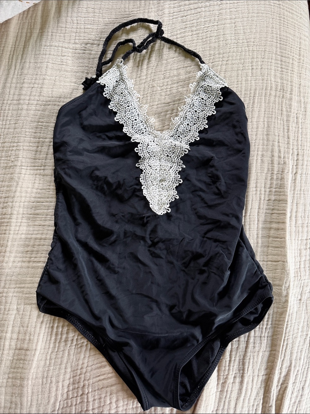 Black Lace-Trim One-Piece Swimsuit - Unbranded